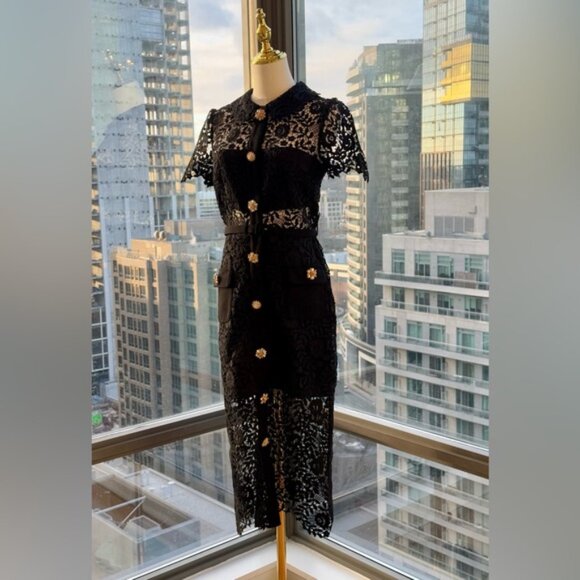 🆕 SELF-PORTRAIT 🧿 NWOT Lace Hollowed Out Short Sleeve Midi Dress Sz UK 10 US 6 - Picture 3 of 16